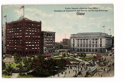 Postcard of Cleveland, Ohio's Public Square with Post Office and Society for Saving Buildings c.1914