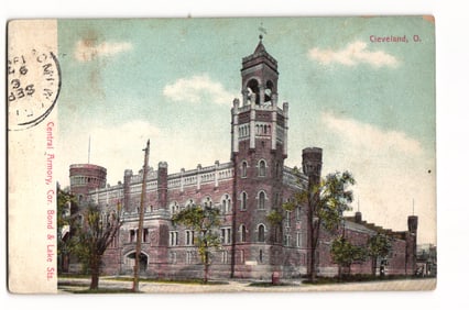 Postcard showing the castle-like Central Armory building at Bond & Lake Sts., Cleveland, Ohio c.