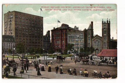 Postcard of Cleveland, Ohio's Public Square with American Trust Building and Old Stone Church, 1908