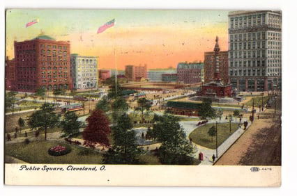 Postcard showing a bustling city scene of Public Square in Cleveland, Ohio with streetcars c. 1910s