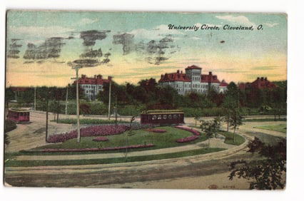 Postcard showing early streetcars and landscaped gardens at University Circle, Cleveland, Ohio