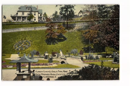 Postcard depicting the famous Flower Clock and Gold Fish Pond, Rock Springs Park, Chester, WV c.