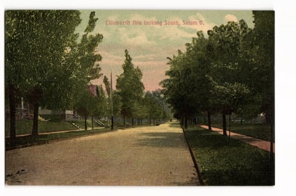 Postcard view of Ellsworth Ave looking South in Salem, Ohio. A tree-lined residential street circa