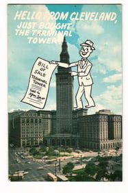 Humorous postcard of a giant buying the Terminal Tower in Cleveland's Public Square, Ohio c. 1970s.