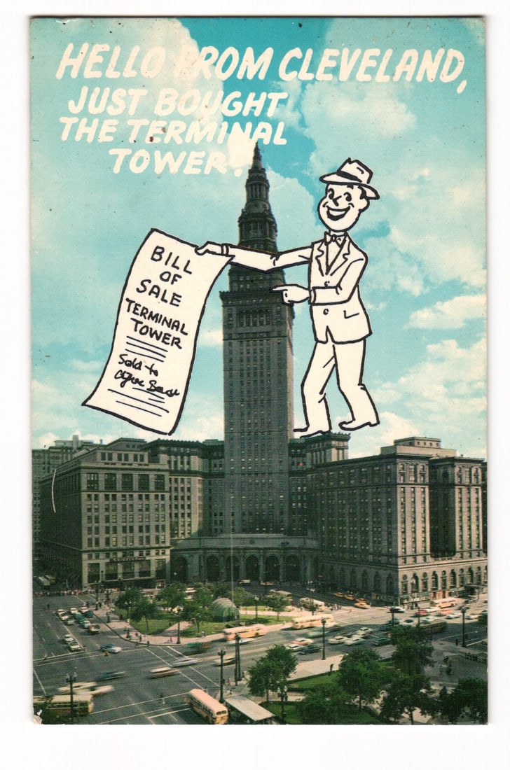 Humorous postcard of a giant buying the Terminal Tower in Cleveland's Public Square, Ohio c. 1970s. (1 of 2)