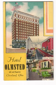 Linen postcard of the Hotel Olmsted showing the exterior, Coffee Shop, and Lobby, Cleveland, Ohio
