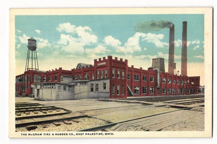 Postcard showing the McGraw Tire & Rubber Co. factory building, East Palestine, Ohio circa 1920s.
