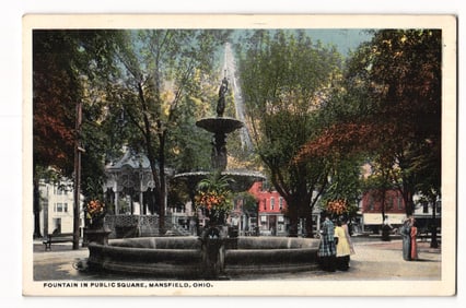 Postcard showing the ornate fountain and gazebo in Mansfield, Ohio's Public Square. Circa 1915 view.