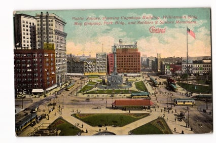 Postcard of Cleveland's Public Square showing trolleys, the Monument, May Co. and Park Bldgs. 1912
