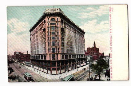 Postcard view of the Rose Building, Erie & Prospect Streets in Cleveland, Ohio with streetcar c.1905