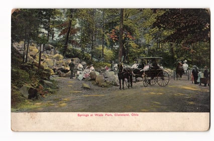 Postcard showing people at the Springs at Wade Park in Cleveland, Ohio with horse & carriage c. 1910