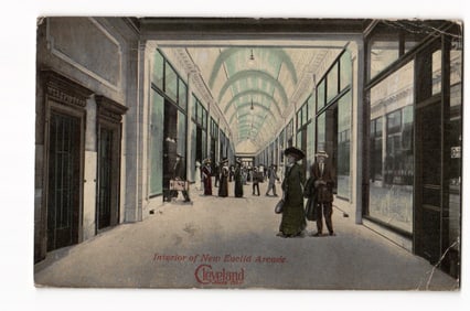 Postcard view of the grand interior of the New Euclid Arcade in Cleveland, Ohio with shoppers c.
