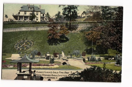 Postcard of the Flower Clock and Goldfish Pond in Rock Springs Park, Chester, West Virginia c.1910s