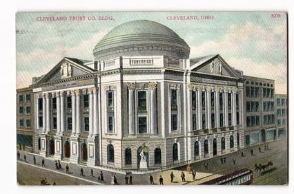 Postcard of the domed Cleveland Trust Co. Building in Cleveland, Ohio with street scene ca. 1908.