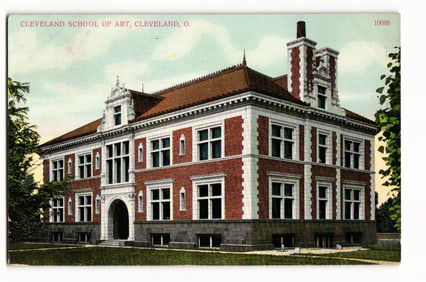 Postcard view of the Cleveland School of Art building, a red brick and stone structure, Ohio c.1909