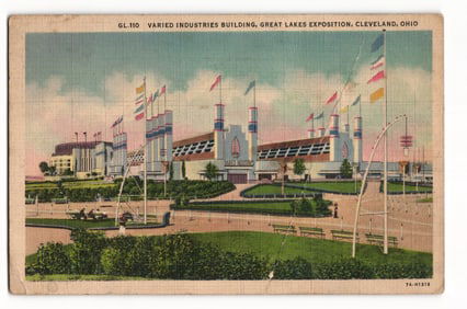 Linen postcard view of the Varied Industries Building at the Great Lakes Exposition, Cleveland,
