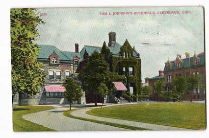 Postcard showing the stately, ivy-covered residence of Mayor Tom L. Johnson in Cleveland, Ohio c.