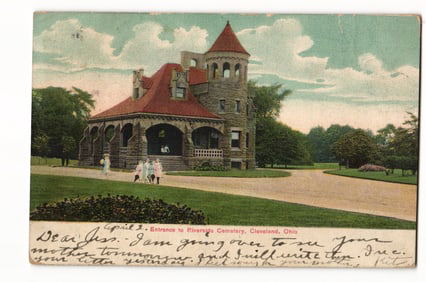 Postcard showing the stone entrance gatehouse at Riverside Cemetery in Cleveland, Ohio, c. 1907.