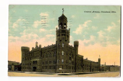 Color postcard showing the imposing architecture of the Central Armory in Cleveland, Ohio c. 1910s