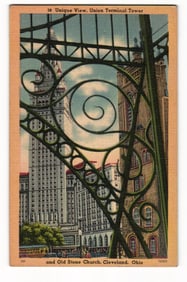 Linen postcard with a unique view of the Union Terminal Tower & Old Stone Church in Cleveland, Ohio.