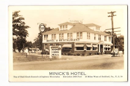 Real Photo Postcard view of Minick's Hotel & Restaurant on US 30, Bald Knob Summit, Pennsylvania.