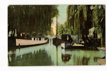 Postcard shows boats moored on the serene Old River Bed, Cleveland, Ohio, c. 1910s Americhrome
