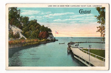 Postcard showing Lake Erie as seen from the Cleveland Yacht Club in Lakewood, Ohio, 1920s view.