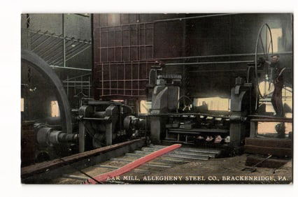 Postcard depicting the Bar Mill with a worker and machinery at Allegheny Steel Co., Brackenridge, PA
