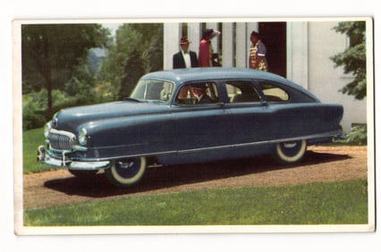 Promotional postcard for the 1950 Nash Airflyte sedan, advertised as 'The World's Most Modern Cars'.