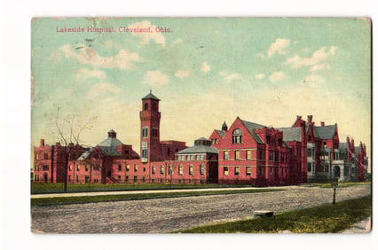 Postcard showing the Lakeside Hospital building and grounds in Cleveland, Ohio. Postmarked 1910.
