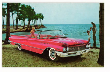 Postcard showing a 1960 Buick Invicta Convertible in Tampico Red parked on a sunny tropical beach.