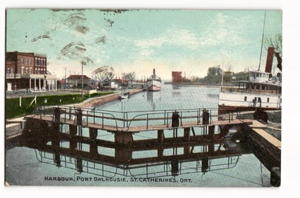 Postcard view of the harbour and canal lock at Port Dalhousie, St. Catharines, Ontario, c. 1910s.