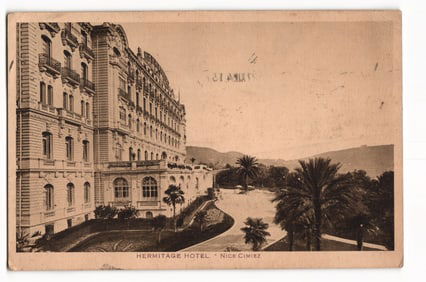 Sepia postcard showing the grand Hermitage Hotel in the Cimiez district of Nice, French Riviera.