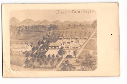 Postcard with an illustration of the Mission Lufu-Lugala settlement, German East Africa, ca. 1910s.