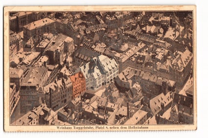 Postcard with an aerial view of Munich's Platzl showing the Weinhaus Torggelstube c. 1930s.