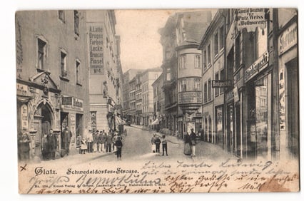 Postcard view of Schwedeldorfer-Strasse in Glatz, Silesia, Germany, early 1900s street scene.