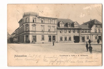 Postcard showing the Conditorei & Café E. Billhardt on a town square in Hohenmölsen, Germany,