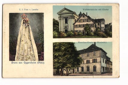 Postcard with three views of Oggersheim, Germany: Our Lady of Loretto, Pilgrimage Church, c. 1911