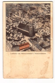 Postcard aerial view of Munich, highlighting Schwarzwälder's Naturweinhaus near the Frauenkirche.