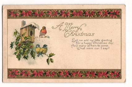 Embossed Christmas postcard with robin & blue tits at a snow-covered birdhouse, Bavaria circa 1910s.