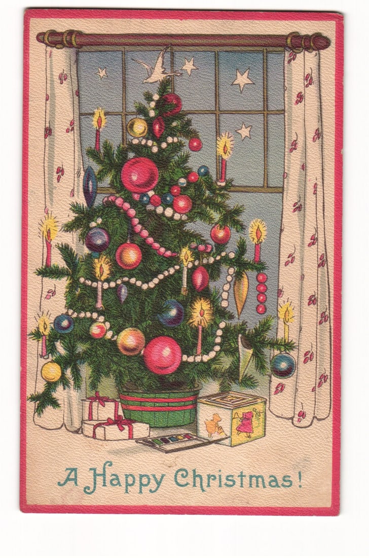 Illustrated postcard, A Happy Christmas, with a decorated tree, lit candles, and presents c. 1910s.: Please view photos for further description and condition considerations. Please know the scans may be darker or lighter than the actual card's true appearance. ACME Auctions offers FREE DOMESTIC SHIPP