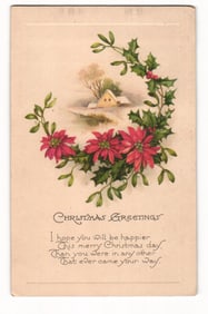 Canadian postcard with Christmas Greetings, a holly and poinsettia wreath encircling a winter