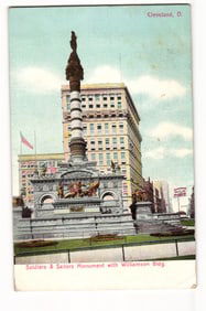 Postcard of the Soldiers & Sailors Monument with the Williamson Building in Cleveland, Ohio, c.