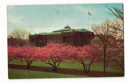 Postcard showing the Carnegie Institute and Carnegie Library of Pittsburgh in springtime, circa