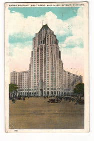 Postcard of the new Fisher Building on West Grand Boulevard in Detroit, Michigan, c. 1928 view.
