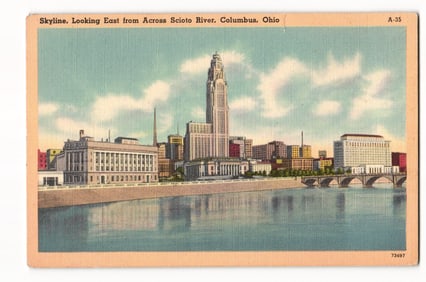 Linen postcard showing the Columbus, Ohio skyline and Scioto River with the LeVeque Lincoln Tower.