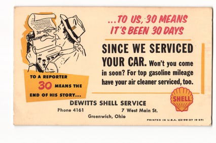 1957 advertising postcard for Dewitts Shell Service in Greenwich, Ohio featuring a reporter cartoon.