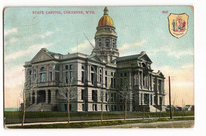 Postcard view of the Wyoming State Capitol building with its prominent golden dome, Cheyenne, WY