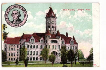 Postcard of the historic State Capitol building in Olympia, Washington with the State Seal, c. 1910s