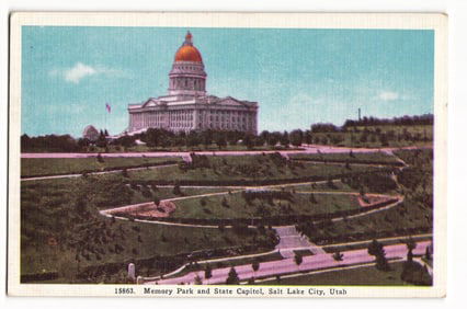 Postcard view of Memory Park and the Utah State Capitol Building in Salt Lake City, Utah, circa 1947